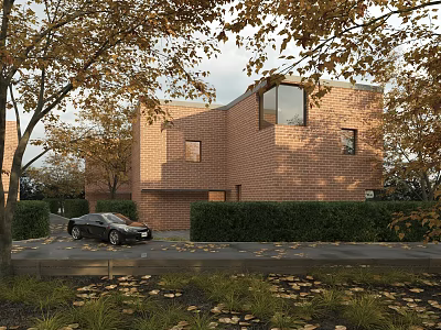 Modern Red Brick Detached Villa with Black Car Parked Among Trees and Bushes in Autumn 3d model