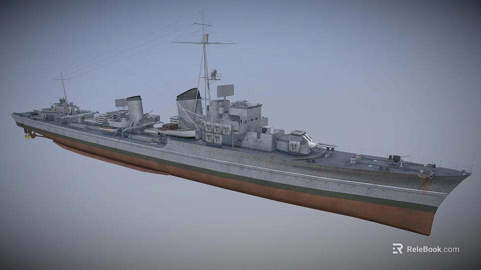 Powerful Naval Battleship Weapon Featuring Main Turrets and Military Deck Structure 3d model 