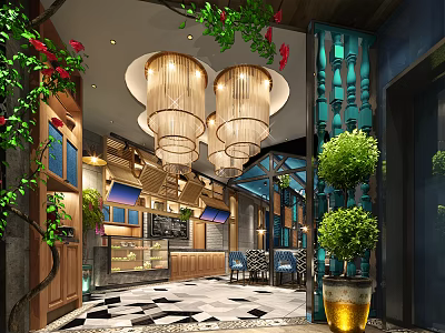 Stylish Store Front Desk Interior With Hanging Chandeliers Green Plants And Decorative Floor 3d model