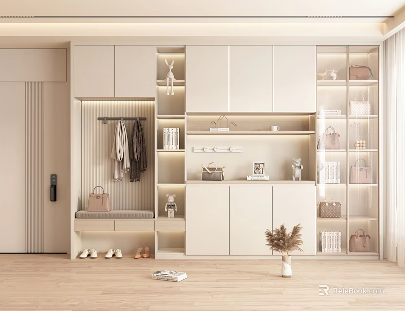 Modern White Entryway Shoe Cabinet With Clothing Rack Bench Storage And Decorative Bags 3d model 