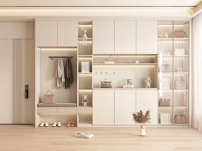 Modern White Entryway Shoe Cabinet With Clothing Rack Bench Storage And Decorative Bags 3d model