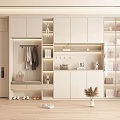 Modern White Entryway Shoe Cabinet With Clothing Rack Bench Storage And Decorative Bags