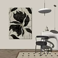 Abstract Black And Beige Floral Wall Art With Black Chair White Shelf Vase And Books 3d model