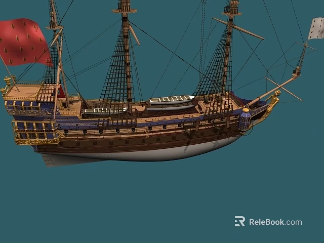 Classic Wooden Sailing Ship With Tall Masts Red Banner And Ornate Hull Design 3d model 
