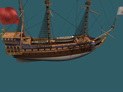 Classic Wooden Sailing Ship With Tall Masts Red Banner And Ornate Hull Design 3d model
