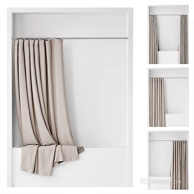 Soft Beige Linen Curtains With Draped Design For Modern Living Room Interior 3d model 