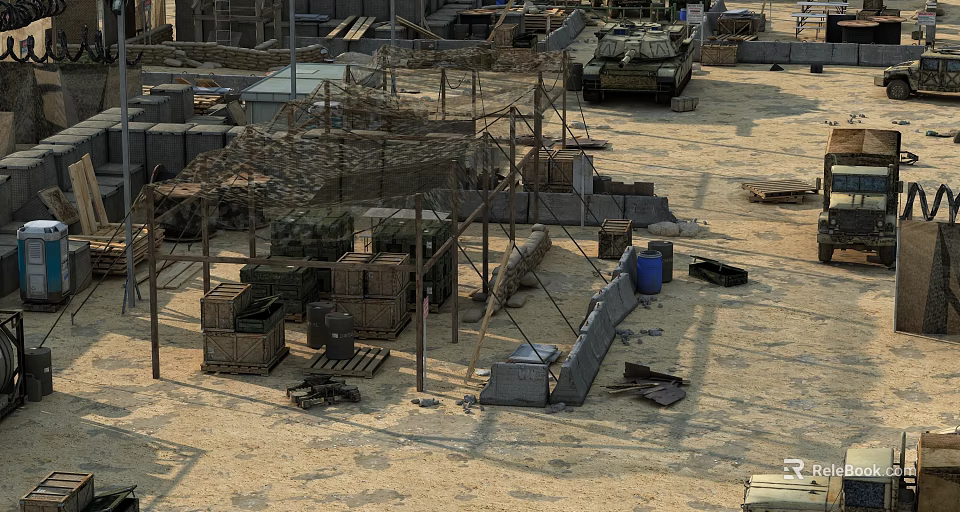 Military Training Ground With Tank Wooden Crates Metal Frames Sandy Ground And Scattered Gear 3d model 