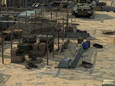Military Training Ground With Tank Wooden Crates Metal Frames Sandy Ground And Scattered Gear 3d model