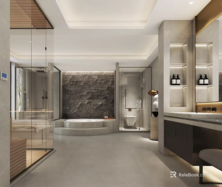 Modern Luxury Spacious Bathroom With Stone Accent Wall Embedded Bathtub And Separated Glass Shower Area 3d model 