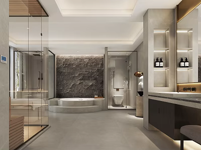Modern Luxury Spacious Bathroom With Stone Accent Wall Embedded Bathtub And Separated Glass Shower Area 3d model