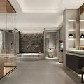 Modern Luxury Spacious Bathroom With Stone Accent Wall Embedded Bathtub And Separated Glass Shower Area