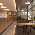 Happy House Restaurant Interior With Wooden Decor Pendant Lights Plants Tables And Chairs