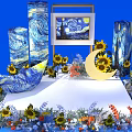 Floral Display Featuring Van Gogh Starry Night Artwork Sunflowers Moon Decoration And Blue Background