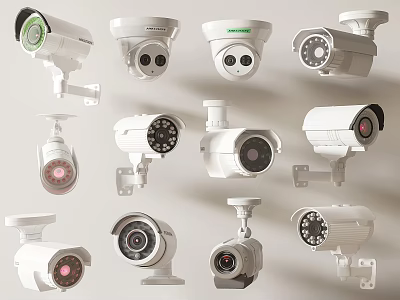 Various Types Of White Surveillance Cameras With Different Lens And Mounting Designs 3d model