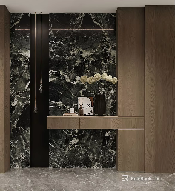 Elegant Entryway Side Cabinet Featuring Marble Wall Wooden Structure And Decorative Items 3d model