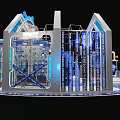 Futuristic Tech Exhibition Booth With Blue White Design Circular Structure Domed Top And People Around