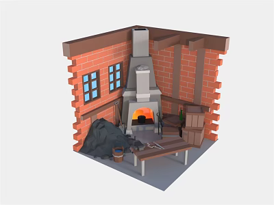 Cartoon Room Scene with Brick Fireplace Windows Wooden Table Black Sack and Plant 3d model
