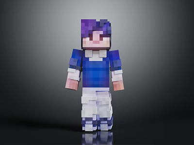 Minecraft Pixel Character 3D Model with Purple Hair Blue Shirt White Pants and Shoes 3d model