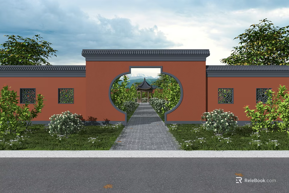 Traditional Landscape Pavilion View Through Circular Archway With Red Wall And Green Plants 3d model 
