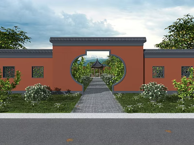 Traditional Landscape Pavilion View Through Circular Archway With Red Wall And Green Plants 3d model