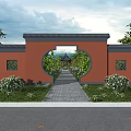 Traditional Landscape Pavilion View Through Circular Archway With Red Wall And Green Plants