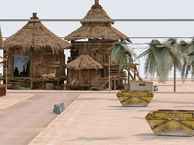 Traditional Thatched Huts On Sandy Beach With Palm Trees Wooden Structures And Small Boats 3d model