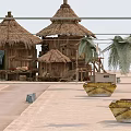 Traditional Thatched Huts On Sandy Beach With Palm Trees Wooden Structures And Small Boats