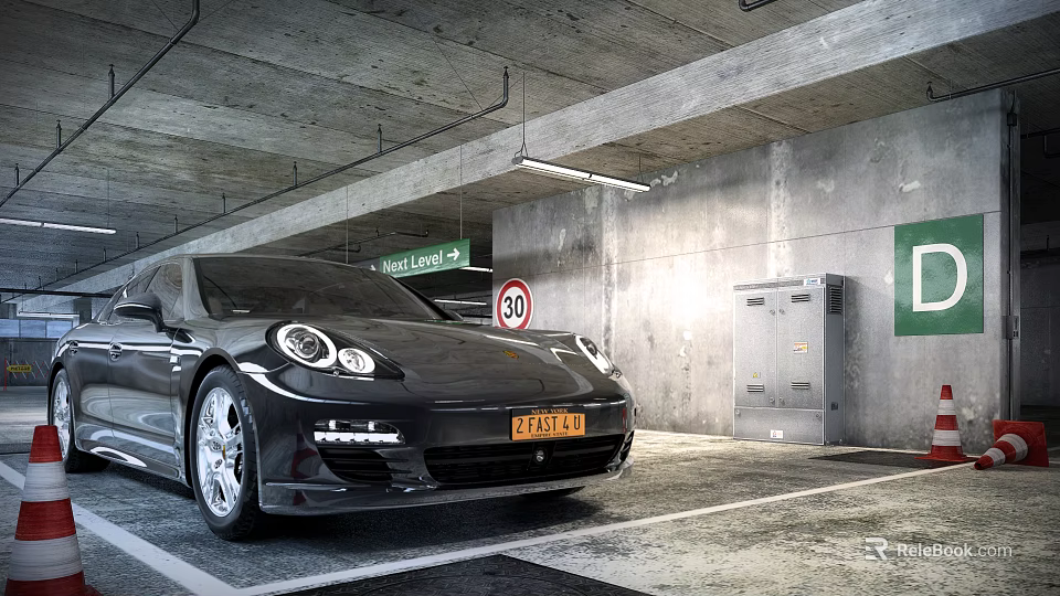 Parking Garage With Black Sports Car Concrete Walls Exit And 30 Speed Limit Signs 3d model 