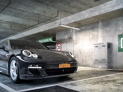 Parking Garage With Black Sports Car Concrete Walls Exit And 30 Speed Limit Signs 3d model