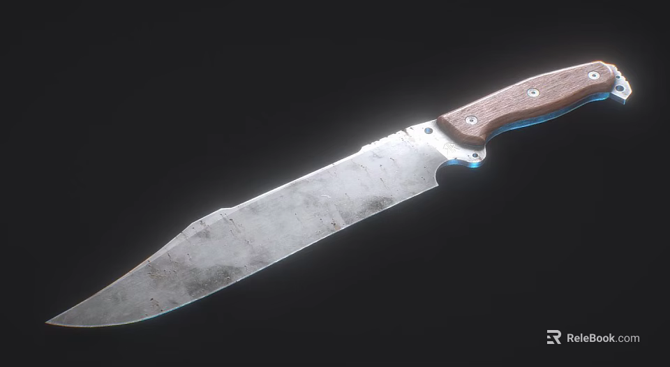 Tactical Utility Knife With Weathered Metal Blade Wooden Handle Metal Rivets And Blue Glow 3d model 