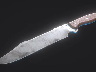 Tactical Utility Knife With Weathered Metal Blade Wooden Handle Metal Rivets And Blue Glow 3d model