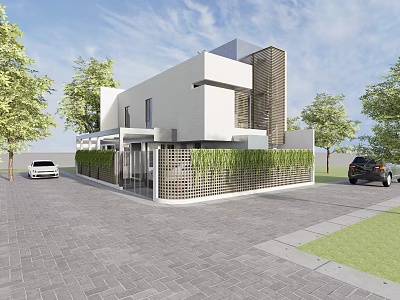 Modern Detached Villa Featuring White Exterior Geometric Design Greenery Fence And Surrounding Trees 3d model