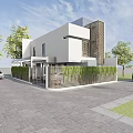 Modern Detached Villa Featuring White Exterior Geometric Design Greenery Fence And Surrounding Trees