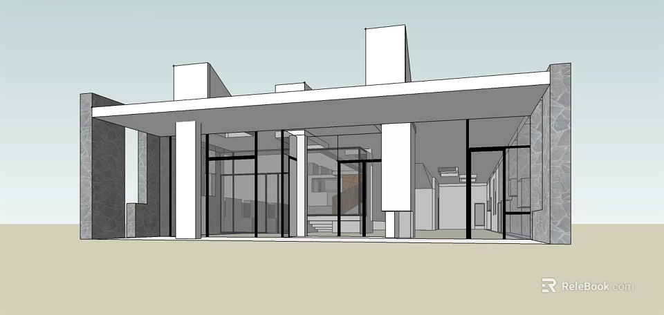Modern Detached House With Large Glass Doors White Columns And Flat Roof Design 3d model 