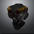 Black Sci Fi Helmet With Red Circular Lenses Yellow Geometric Patterns And Metal Components