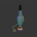 Woman Holding Decorative Blue Bottle With Red Flame Top And Gold Base Tassel