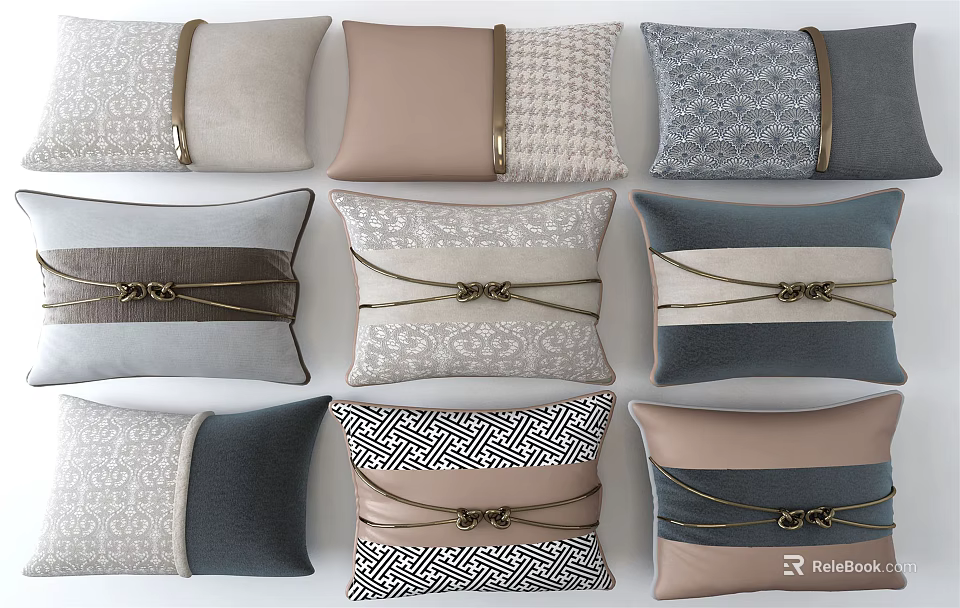 Modern Decorative Throw Pillows With Various Colors Patterns And Tie Details 3d model