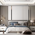 Modern Bedroom Interior Design With Plaid Blue Pillows Nightstands Table Lamp And Rug