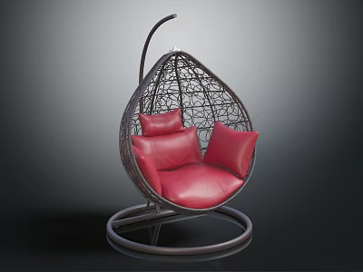Modern Teardrop Rattan Hanging Chair With Red Cushions And Circular Base 3d model