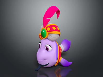 Cartoon Purple Fish With Pink Hat Yellow Dots Green Gem And White Accents 3d model