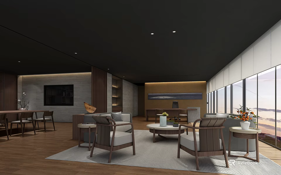 Modern Spacious Office Interior Design With Sofas Chairs Coffee Tables And Large Windows 3d model