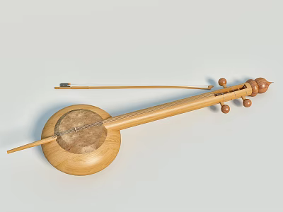 Handcrafted Traditional Wooden Musical Instrument Featuring Round Resonance Box and Bow 3d model