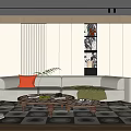Modern Living Room With Beige Sofa Orange Pillow Green Blanket Coffee Table And Patterned Rug