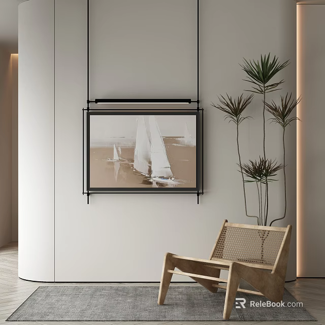 Minimalist Wall Decor Featuring Sailing Boat Painting Green Plants And Rattan Chair 3d model 