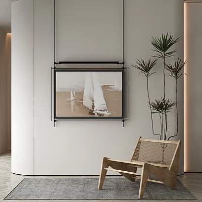 Minimalist Wall Decor Featuring Sailing Boat Painting Green Plants And Rattan Chair 3d model