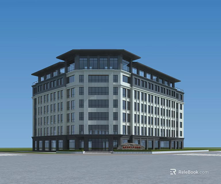 Modern Multi Story Office Building With Large Glass Windows And Roof Design 3d model 