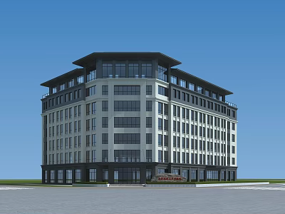 Modern Multi Story Office Building With Large Glass Windows And Roof Design 3d model