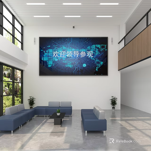 Modern Front Desk Reception Area With Large Screen Welcome Message Blue Sofas And Bright Windows 3d model