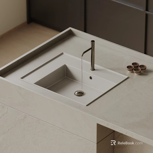 Modern Bathroom Washbasin with Light Gray Stone Countertop Metallic Faucet and Small Cups 3d model 