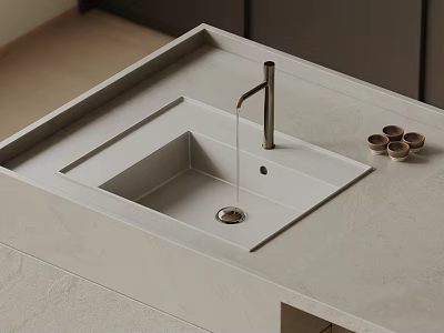 Modern Bathroom Washbasin with Light Gray Stone Countertop Metallic Faucet and Small Cups 3d model